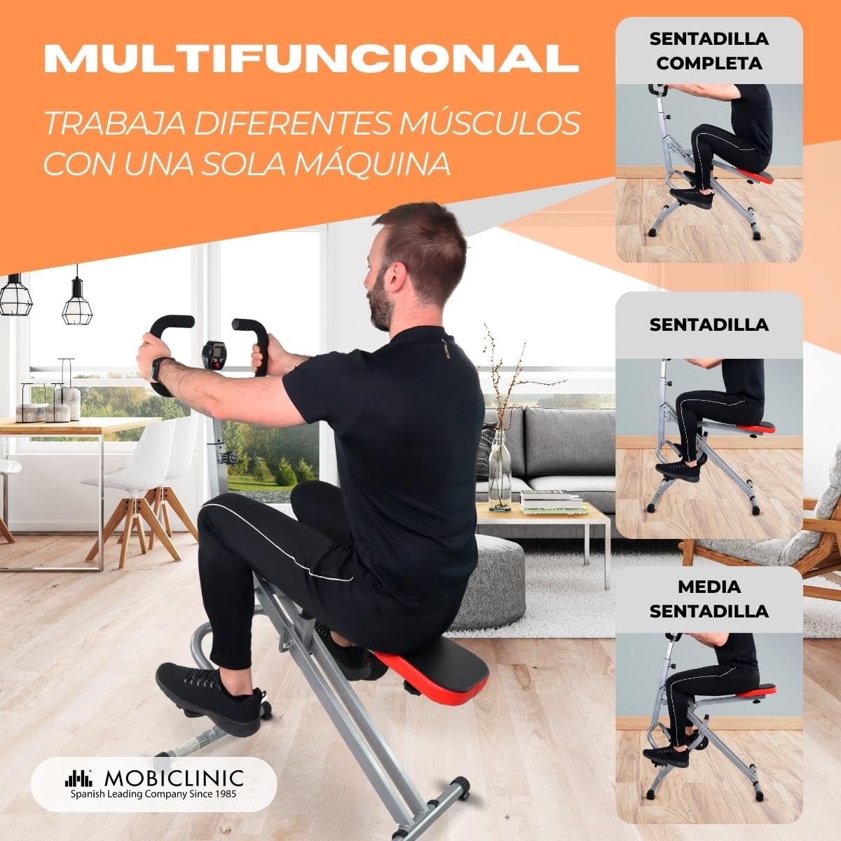 Mobiclinic®, Máquina de Remo, Plegado Compacto, Vitalfit, Sentadillas, Glúteos, Multifunción, Pantalla LCD, Carga 100kg, Gym en casa, Manillar Ajustable, Base Antideslizante
