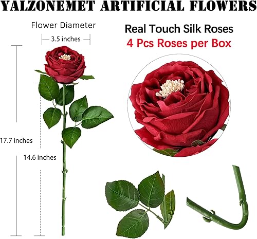Miniatura 5 de YalzoneMet Flores Artificiales de Rosa Roja de Gran Floración de 3.5 Pulgadas, 4 Piezas, Rosas de Tacto Real con Tallo Largo de 17.7 Pulgadas, Rosas