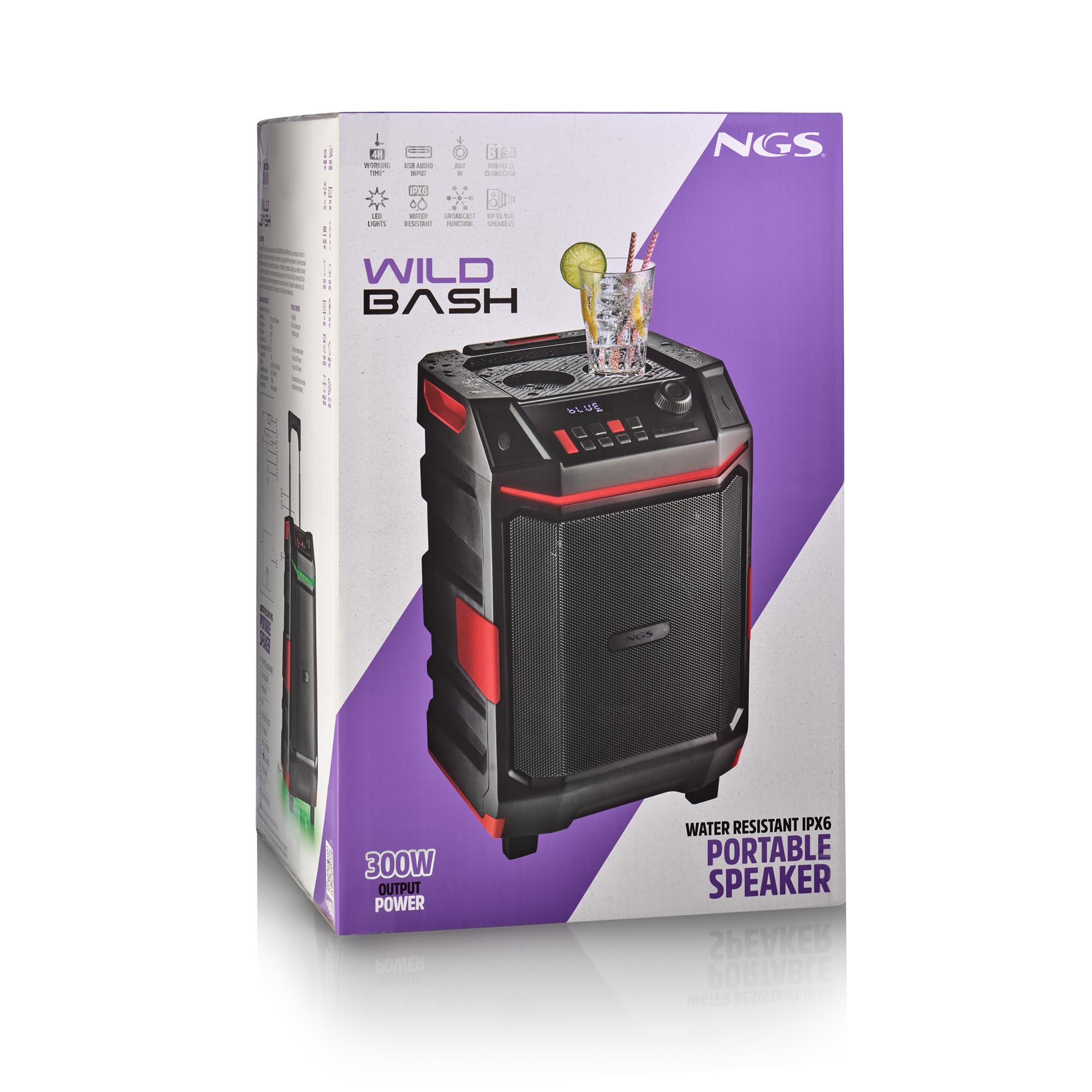 NGS Wild Bash - Enceinte Bluetooth 5.4 Portable 50 W RMS avec lumières LED RVB, Batterie Rechargeable Amovible, étanche IPX6, karaoké et Fonction Diffusion