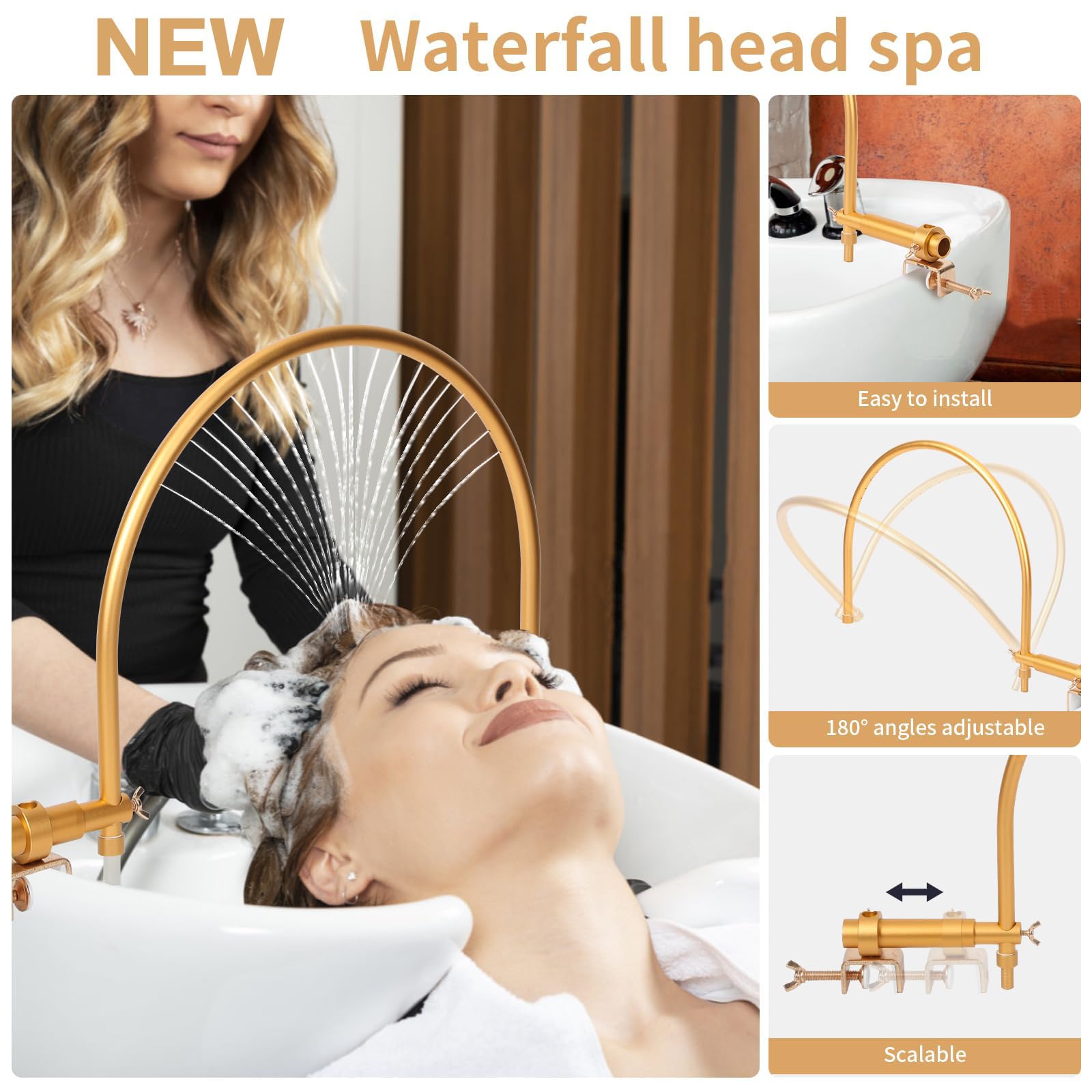 Support de Circulation d'eau Head Spa Professionnel pour Salon de Coiffure Massage Relaxant Soin du Cuir Chevelu Gold EU Plug