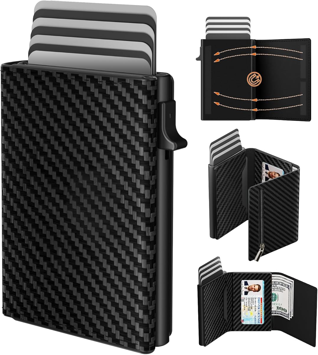 Mens Wallet Credit Card Holder, Minimalist Wallets for Men, Aluminum Pop up Wallet, RFID Blocking, Premium Leather, Smart, Slim , Coin Pocket | 9-14 Card Capacity | ID Window | Cash Slot