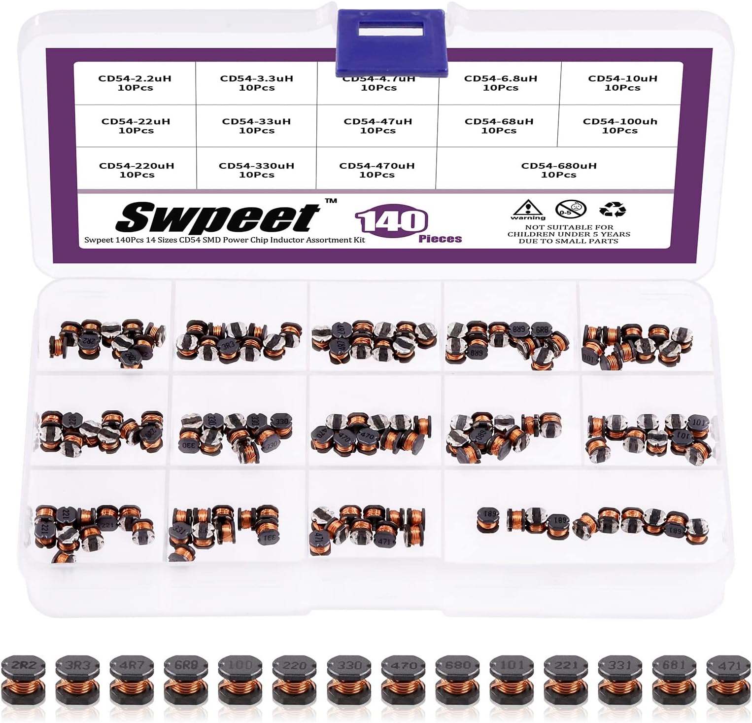 Swpeet 140Pcs 14 Values 2.2UH - 680UH CD54 Wire Wound SMD Power Inductor Assortment Kit, 5.8mm Chip Inductors - 2.2UH 3.3UH 4.7UH 6.8UH 10UH 22UH 33UH 47UH 68UH 100UH 220UH 330UH 470UH 680UH