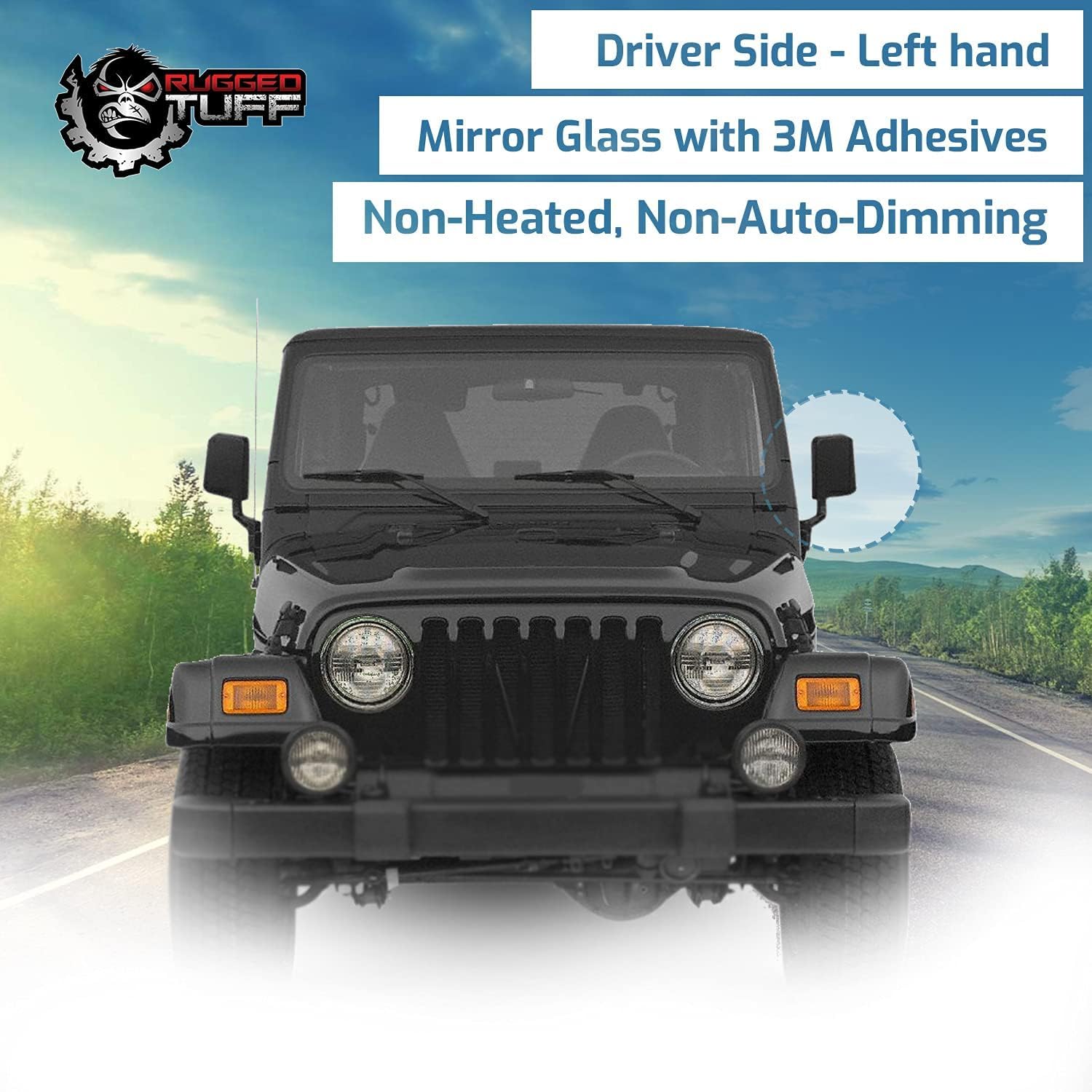 Driver Side Mirror Glass Replacement For 1997 1998 1999 2000 2001 2002 Jeep TJ, 1987-2002 Wrangler Left Door Flat Mirrors Adhesives exactafit 8100L