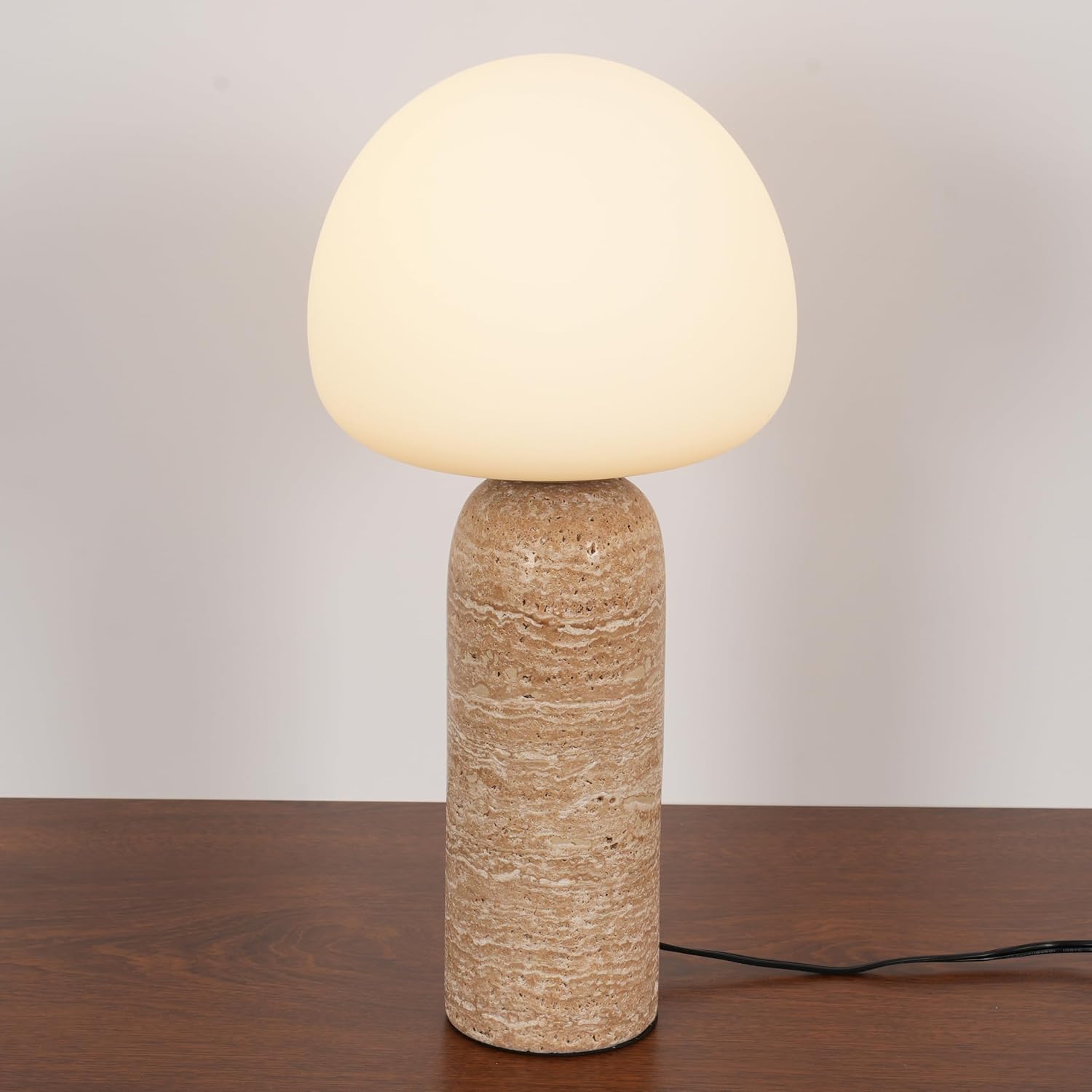Skyblaze Modern Marble Table Lamp with Frosted Glass Shade, Cute Glass Globe Night Light, Natural Yellow Travertine Desk Lamp for Bedroom Living Room (Beige)