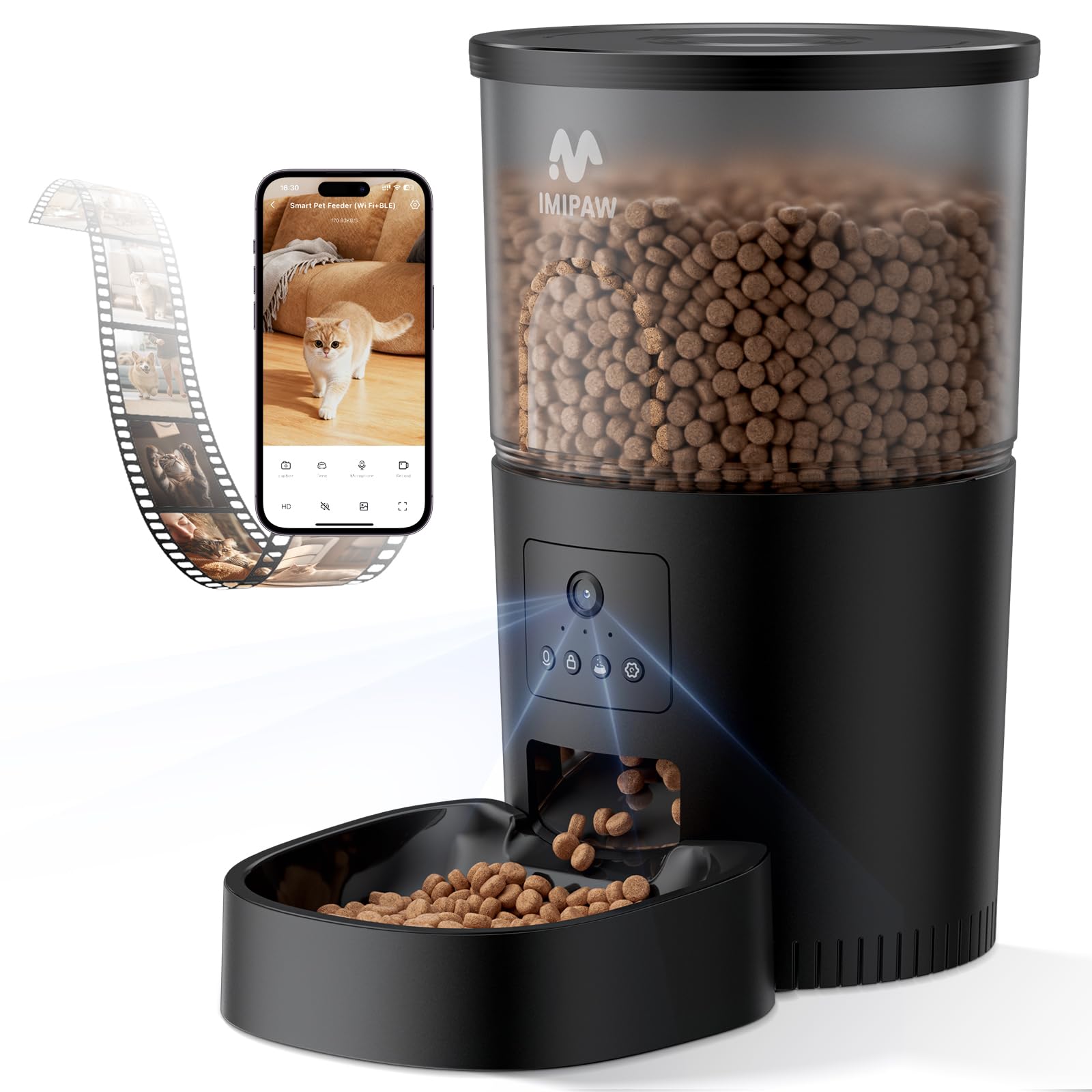IMIPAW Automatic Cat Feeder with Camera - AI Pet Recognition & Recording, Night Vision, 5G WiFi APP Remote Control, Two-Way Audio & Desiccant Bag, Timed Programmable Food Dispenser for Small Pets