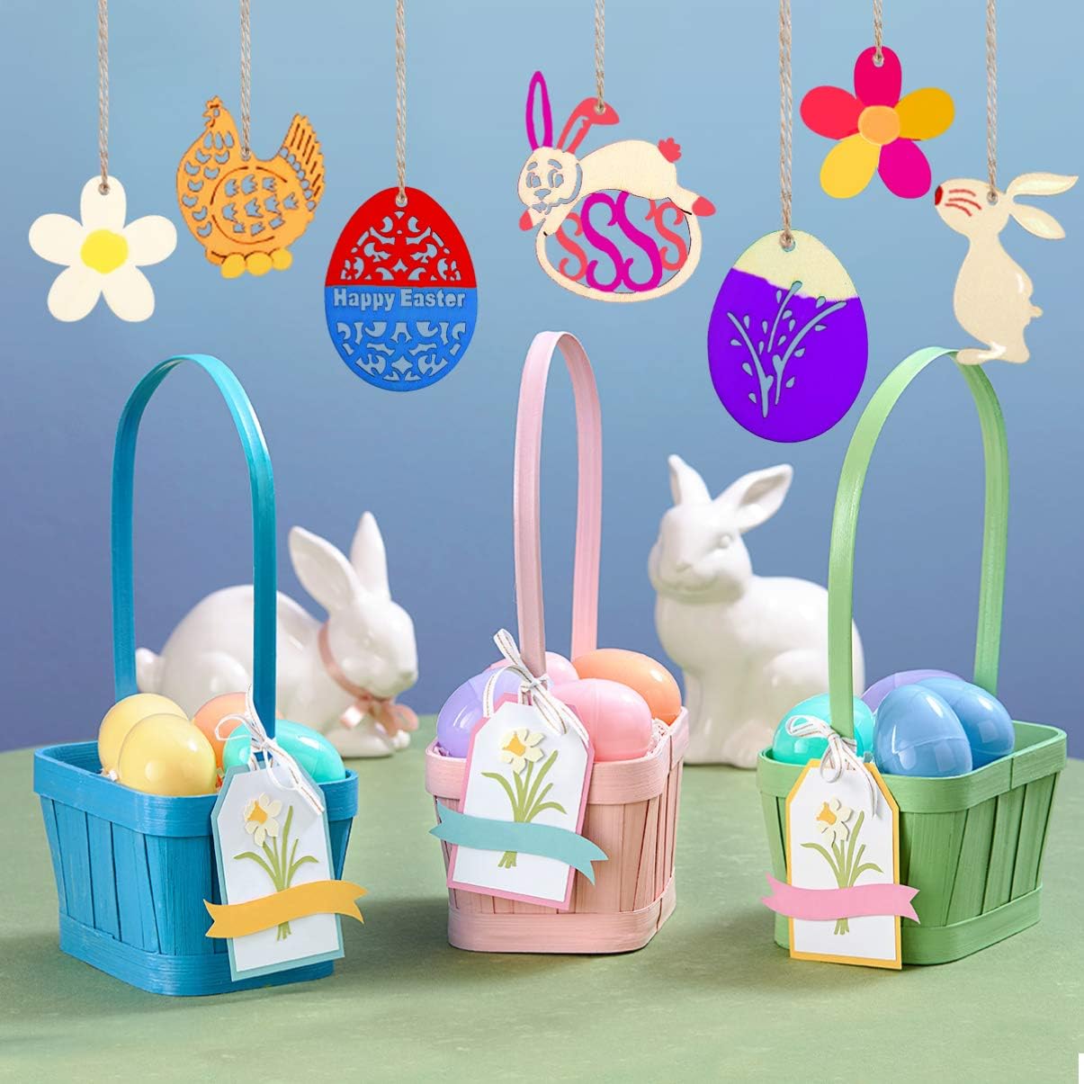 Toyvian 48 Pieces Wooden Eggs Easter Crafts Hanging Embellishments Tags Unfinished Hollow Carved Slices Pendants DIY Valentines Day Cards Ornaments Crafts Decorations