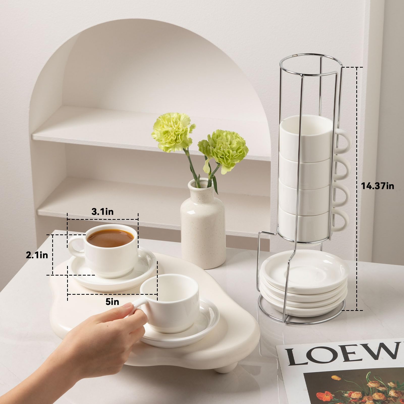 Sweejar Home Lot de 6 tasses à expresso et soucoupes empilables en porcelaine avec support en métal pour latte, café, moka, thé 120 ml (blanc)