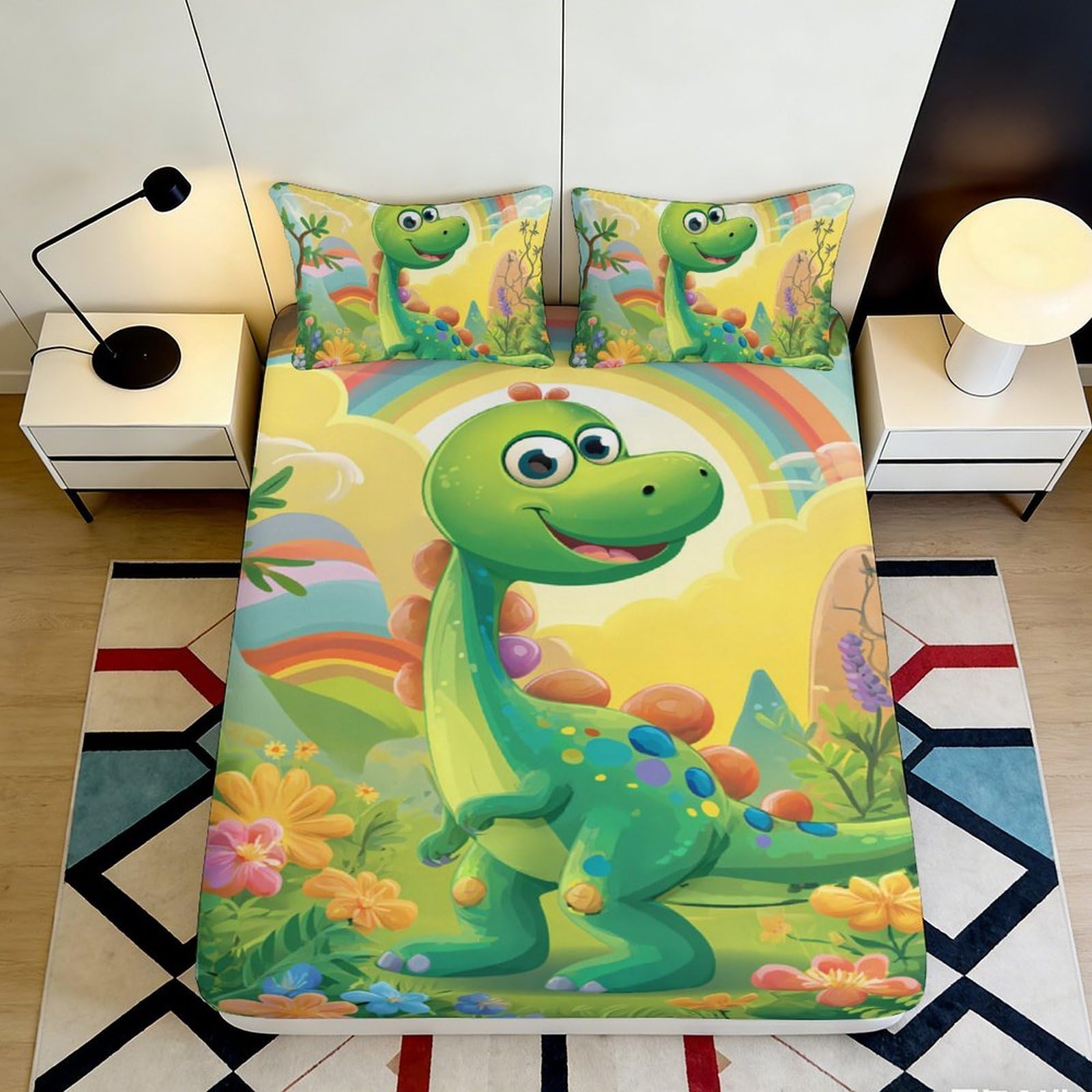 3D Printed Cartoon Dinosaur Fitted Sheet Microfiber Vibrant Rainbow Bed Cover for Kids Teens Adults Bedroom Decor 90x200x25cm