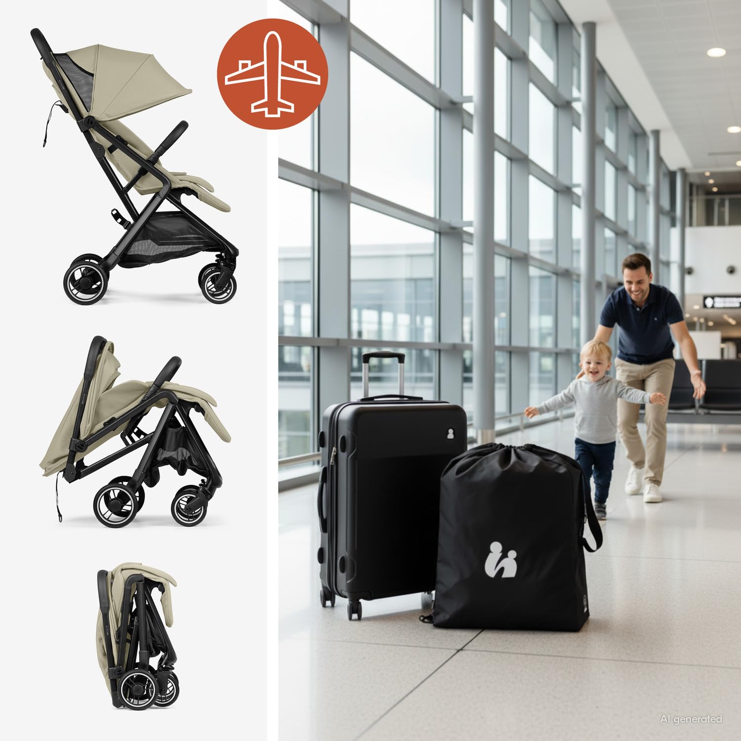 hauck Fly N Care Passeggino da Viaggio Ultracompatto e Leggero con Borsa di Trasporto e Adattatori Ovetto, Pieghevole con Una Mano, Schienale Reclinabile dalla Nascita a 22 kg, UPF 50+