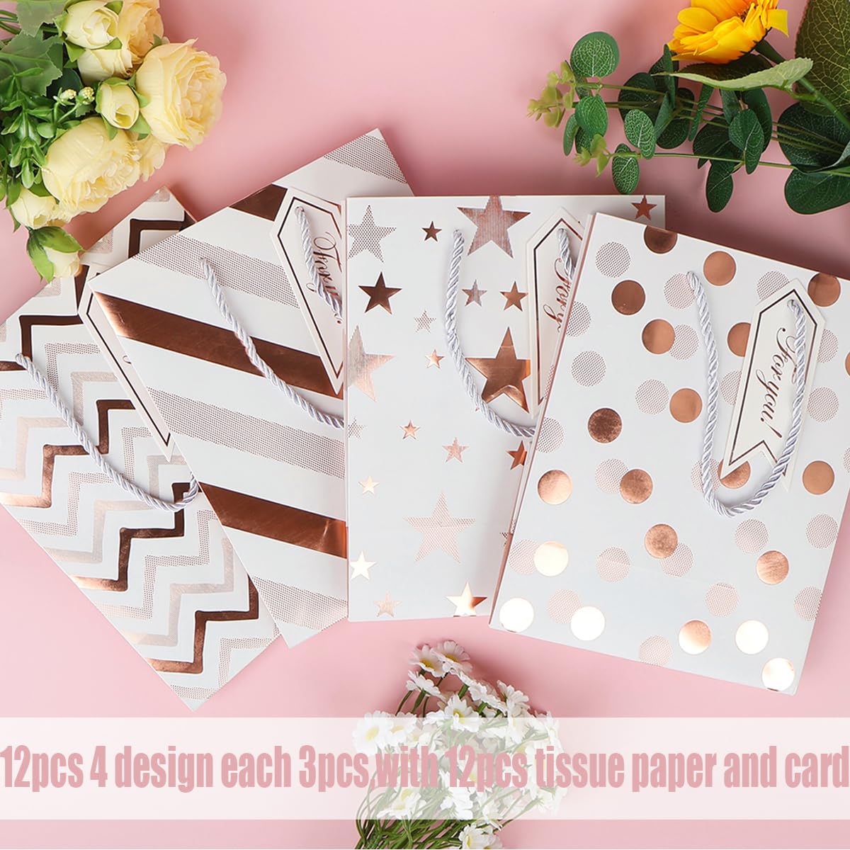Dimetey Geschenktüten Set – 12 Stück, Mittelgroß (23x18x10 Cm), Silberfarben, Mit Griffen & Seidenpapier