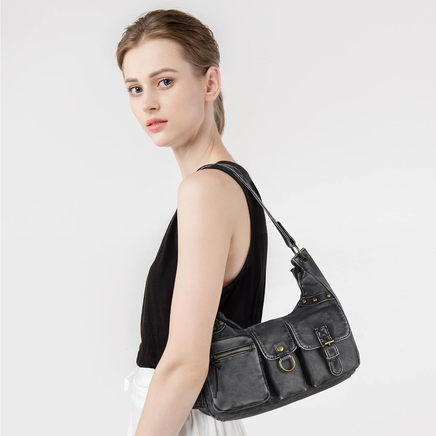 Angel Kiss Hobo Bag for Women Soft Vegan Leather Shoulder Handbag Multi-Pocket Tote Crossbody Bag, Removable Strap