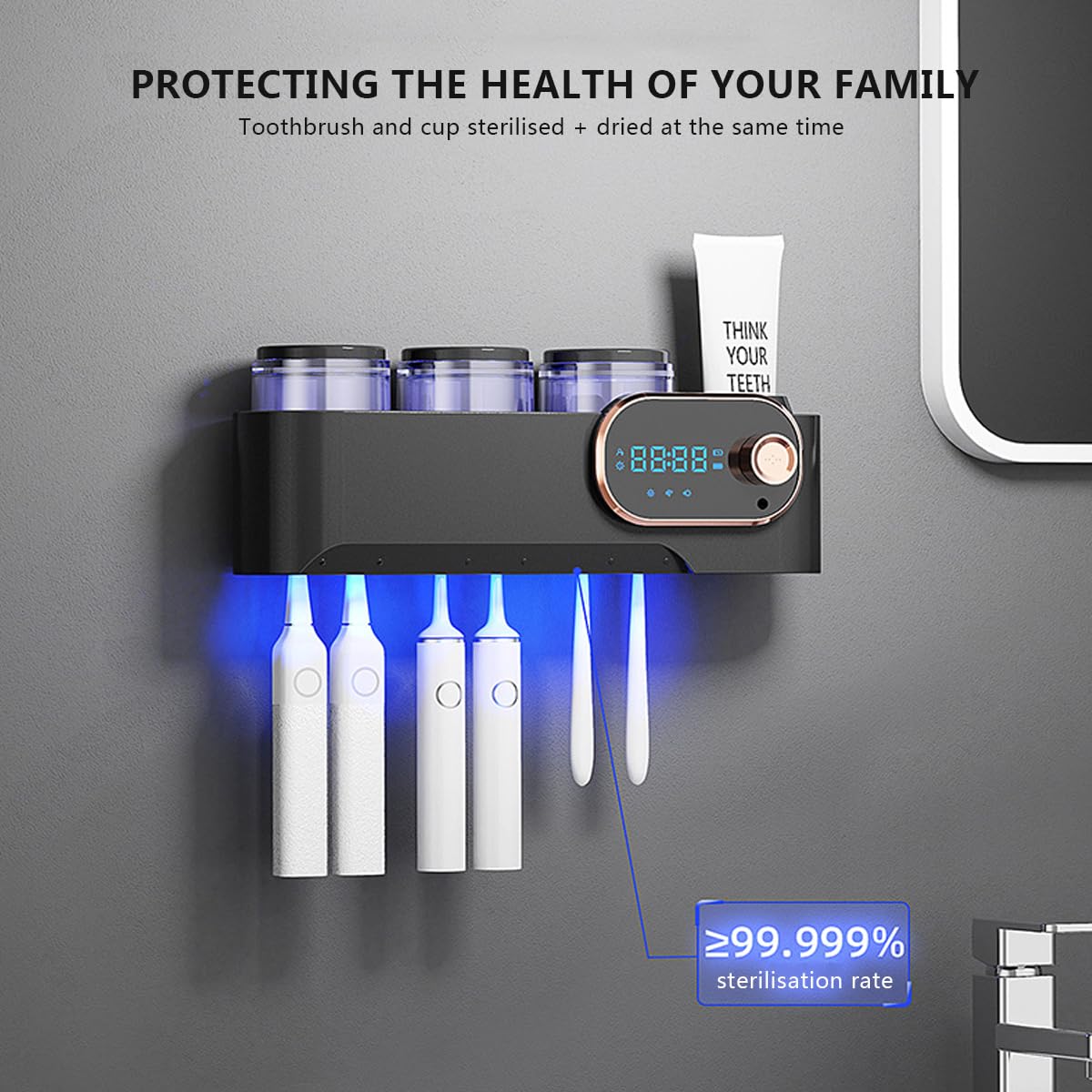 Desinfectante UV para cepillo de dientes y soporte con función de secado, esterilizador de cepillo de dientes eléctrico montado en la pared con función de inducción y temporización, color negro