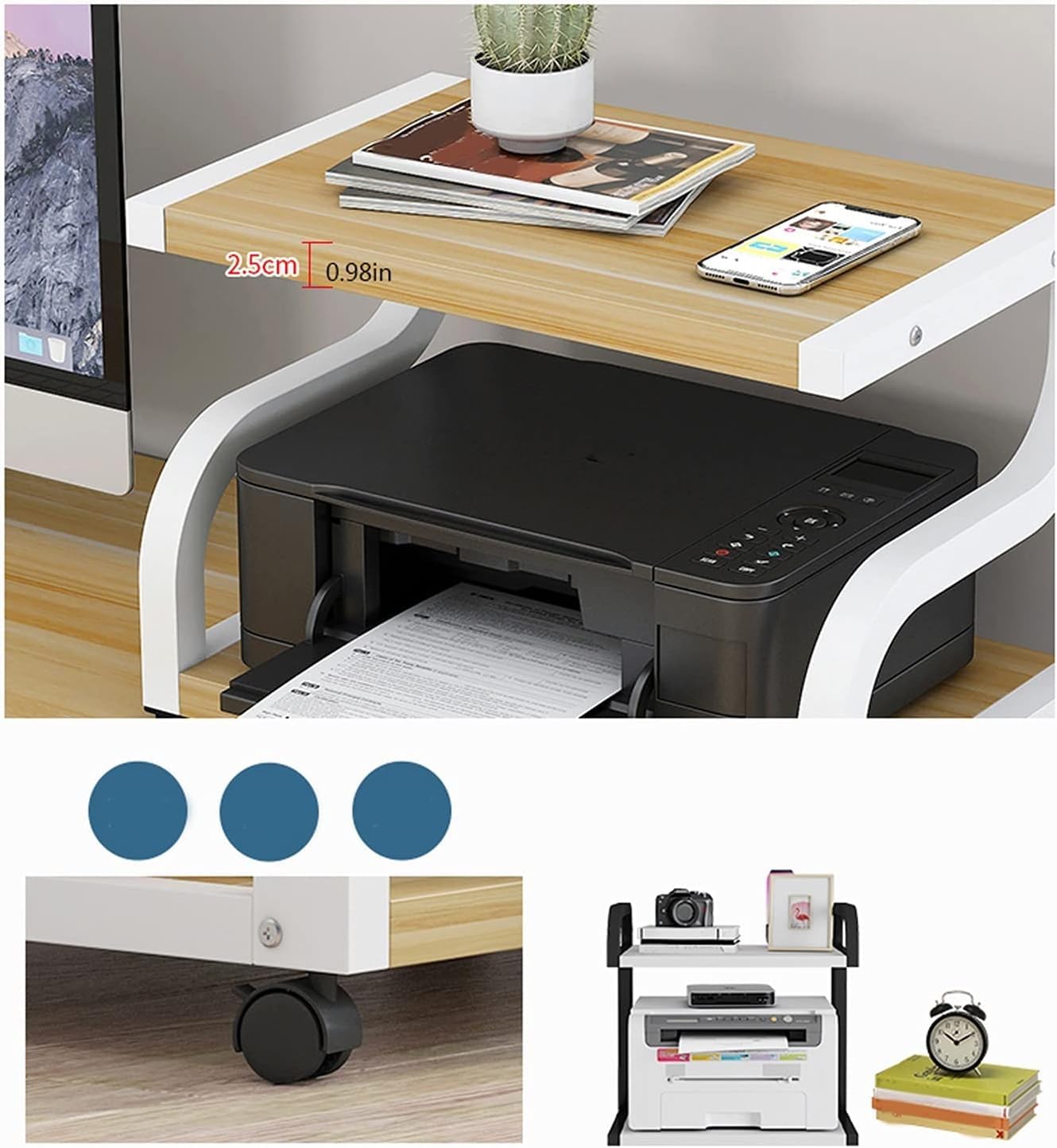 Mesa Impresora Soporte De Impresora Madera 2 Niveles Estante Marco Metal Exhibición Multifunción Escritorio Escáner Copiadora Mueble Organizador(B,50 * 32 * 37cm)
