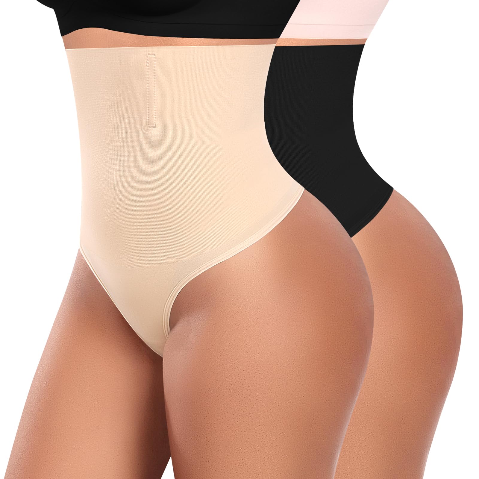 Werena Tummy Control Thong Shapewear for Women High Waisted Body Shaper Panties Shaping Thong Girdle Underwear(01# Black+Beige(Mix pack),XX-Large)