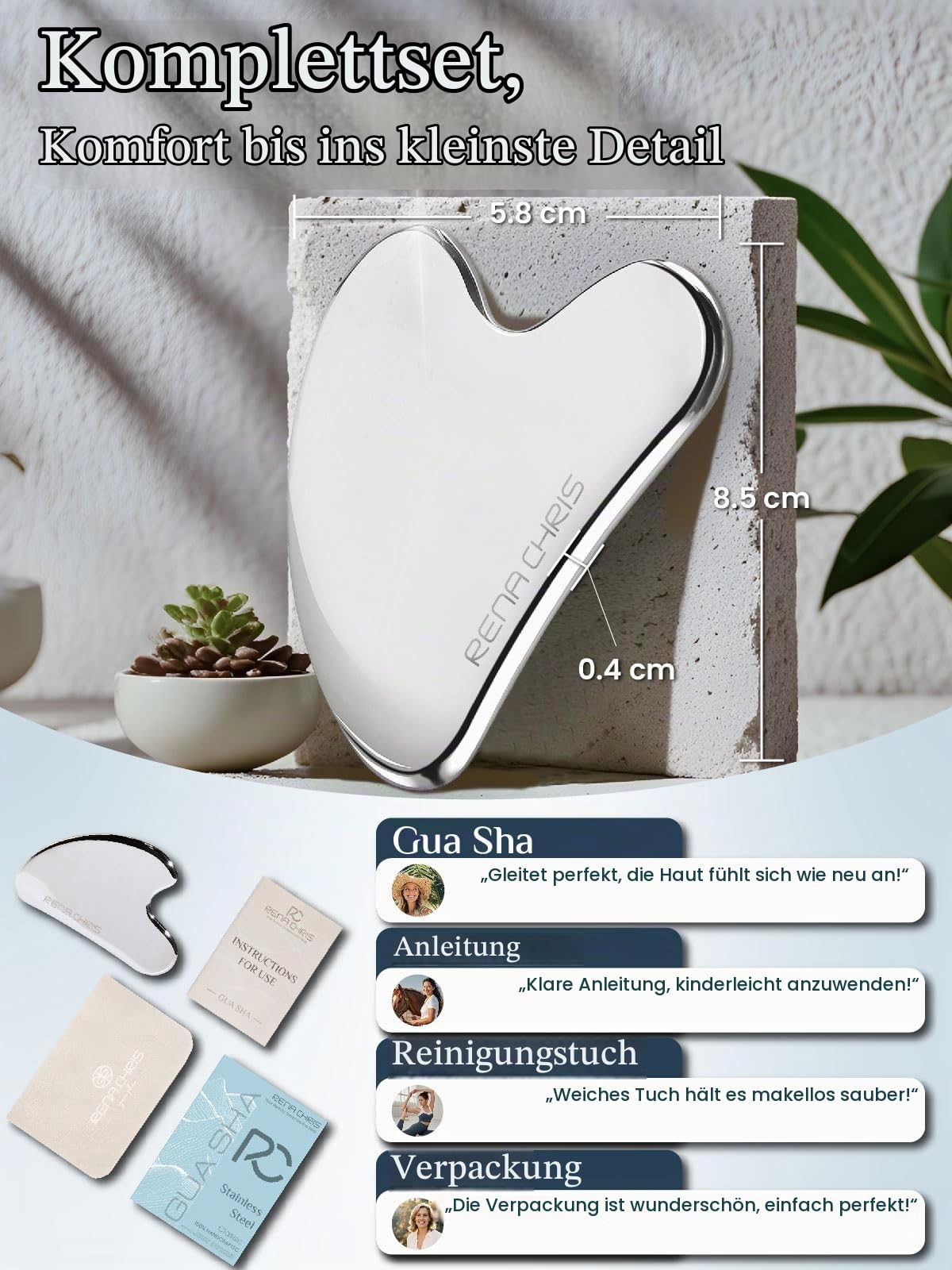 Rena Chris Edelstahl Gua Sha Stein, Guasha Stein für eine definierte Kieferlinie, gegen Gesichtsschwellungen, Hautpflege-Geschenk – Silber – Ansicht 2