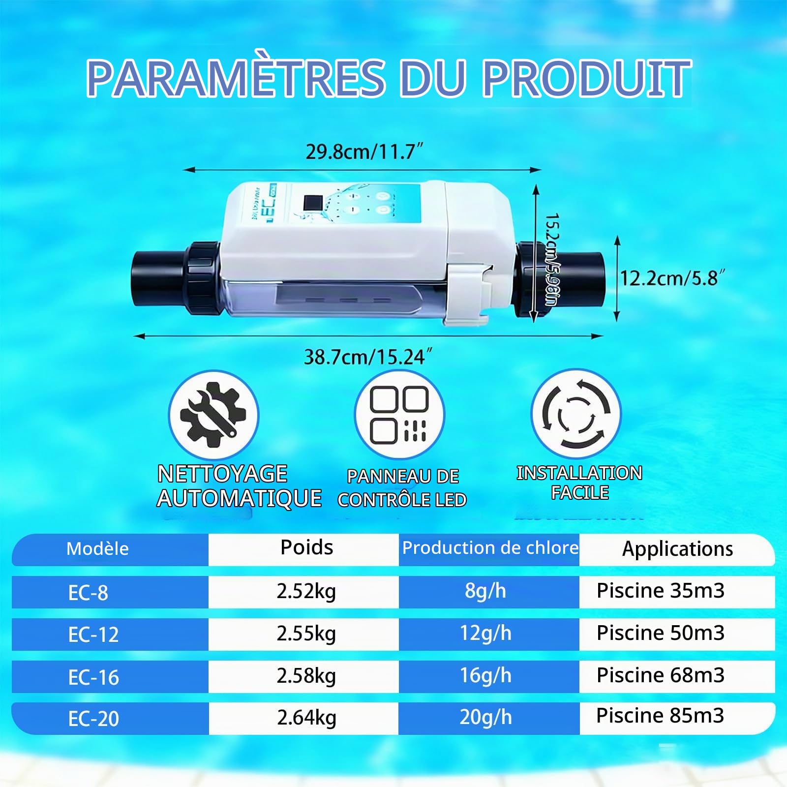 Électrolyseur Piscine Salée Professionnel, Chlorinateur 8-20g/h, Affichage Salinité, Nettoyage Automatique, pour SPAs et Centres Thermaux 20g/h