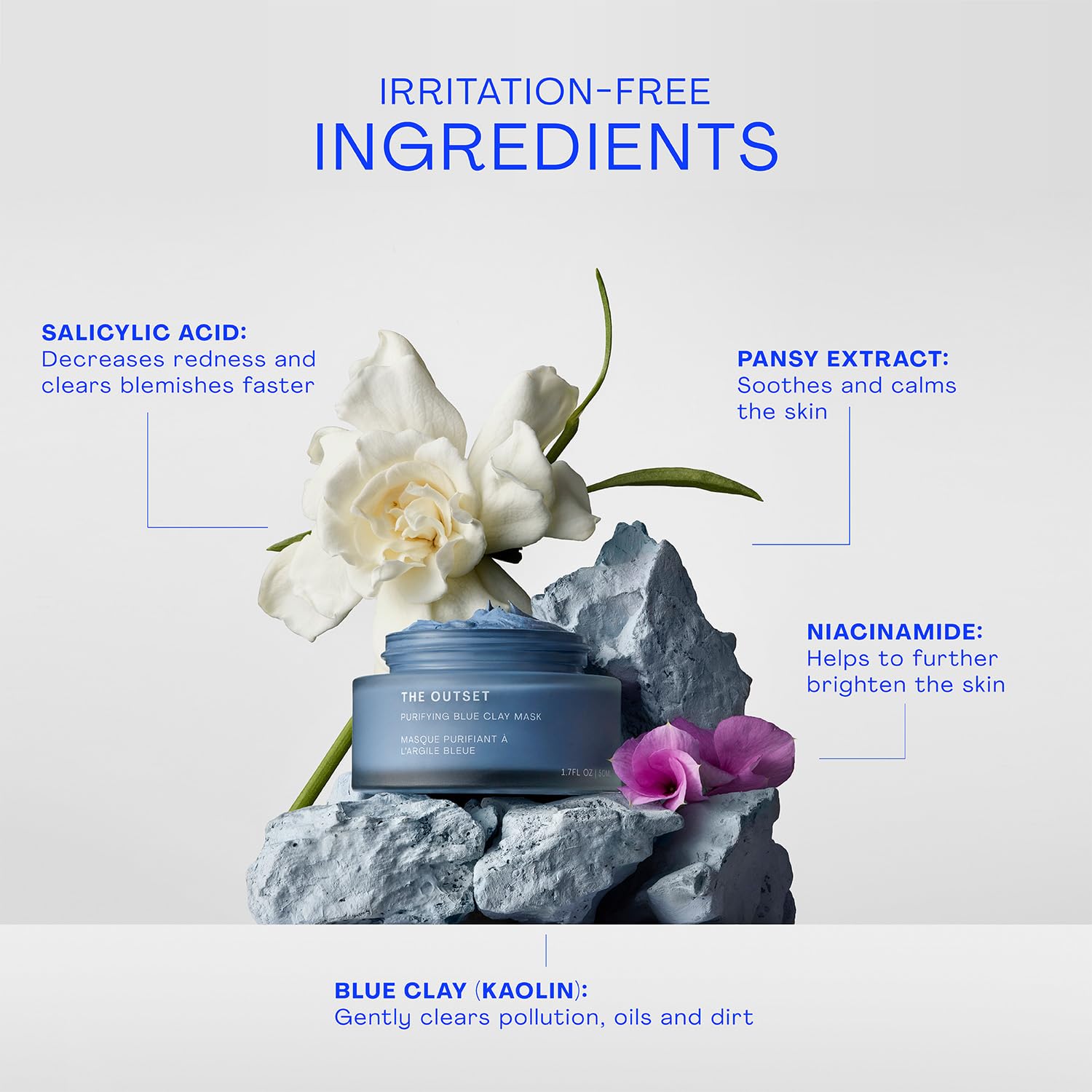 The Outset Blue Clay Face Mask, Hydrating & Detoxifying for Blackheads, Pores & Skin Clarifying, Gentle, Fragrance-Free, Vegan, Gluten-Free Clean Skincare - 1.7 fl oz