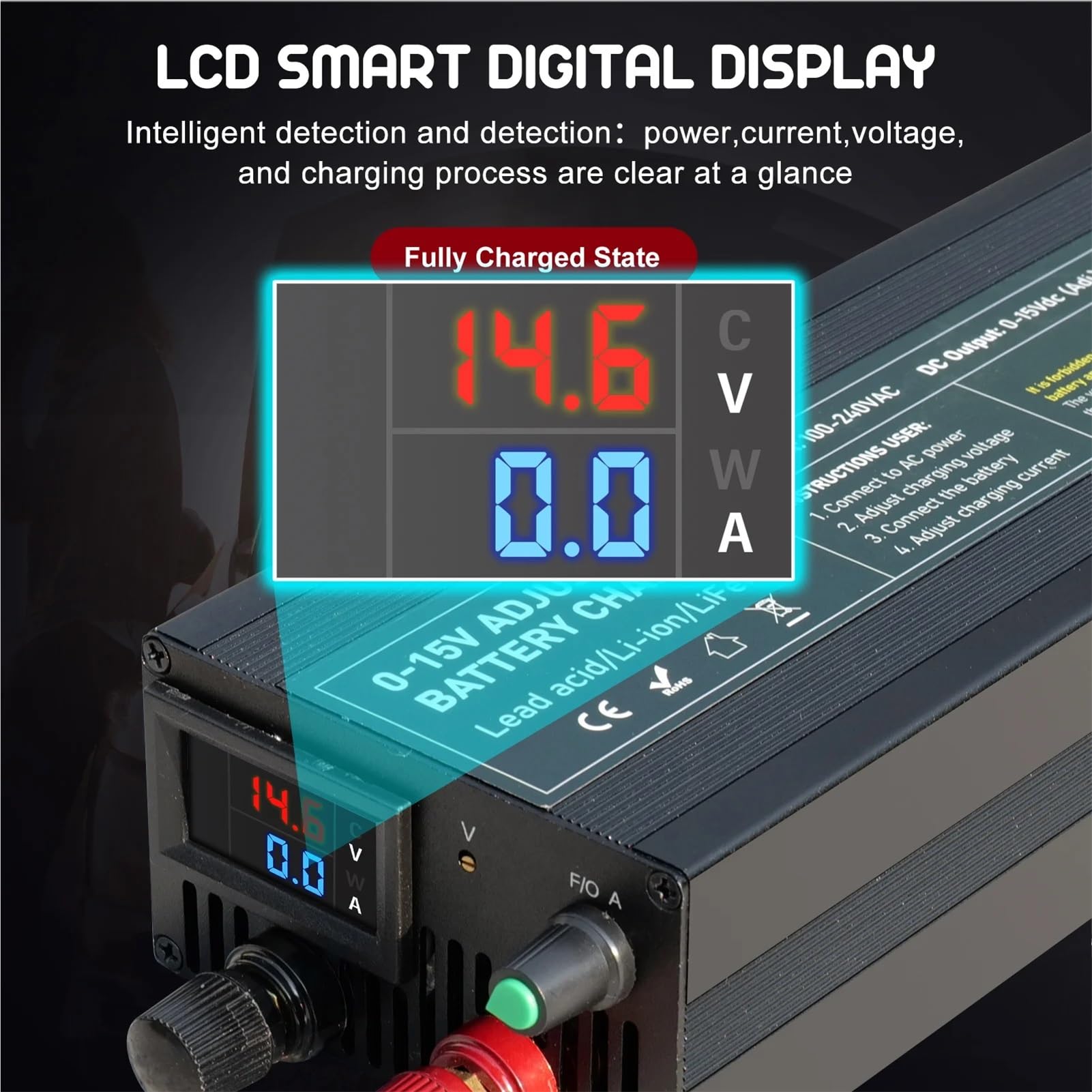 Chargeur de batterie haute puissance 14,6 V 60 A/85 A/100 A LCD Smart Chargeur universel Charge rapide pour courant et tension réglables de 0 à 15 V (CT100A avec clip)