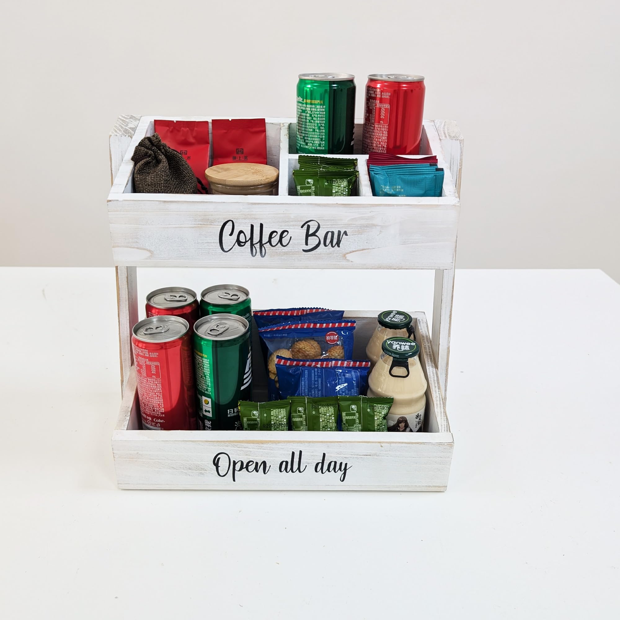 Accessoires et organisateur de bar à café en bois – Organiseur de station de café indispensable pour comptoir, décoration de bar à café, support de sirop et organisateur de condiments – Blanc Estacion
