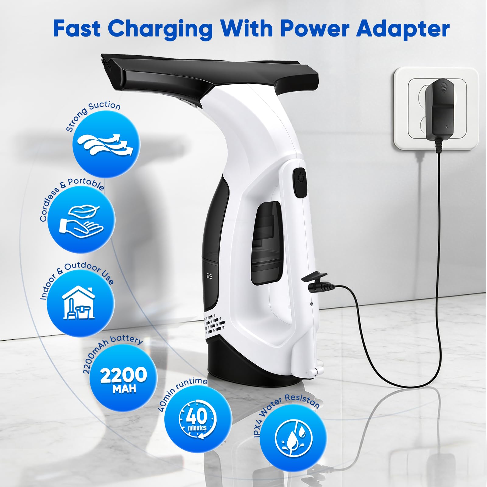 Limpiacristales Eléctrico Sin Cable 2000Pa, Aspirador de Ventanas con Batería 2200mAh 35min, Depósito 150ml y Boquilla 280mm, Carga USB-C, para Ventanas, Espejos, Azulejos y Coche