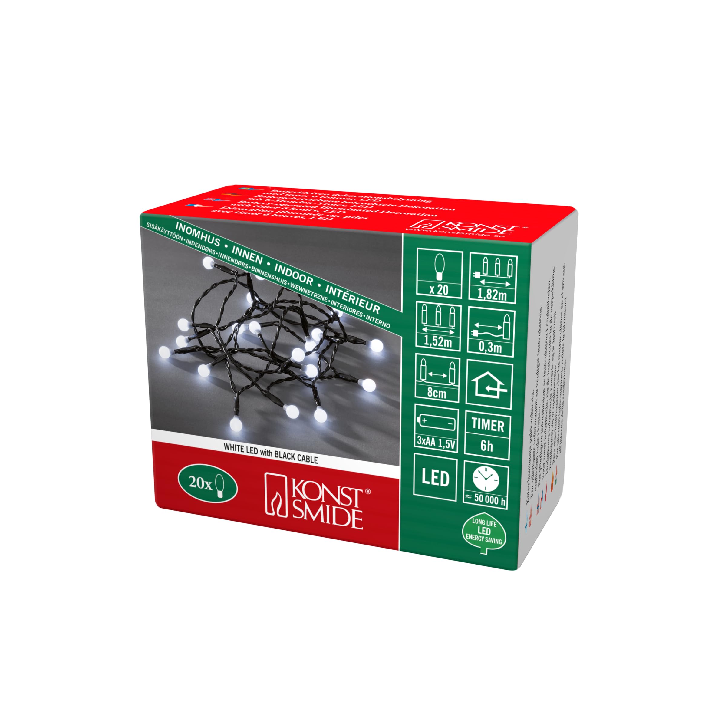 Konstsmide Christmas Lights LED Berry Set Round Diodes/Indoor Use (IP20) Battery Fairy Lights/Battery Operated: 3xAA 1.5V (excl.)/6h Timer/20 Cool White Diodes/Black Cable String Lights