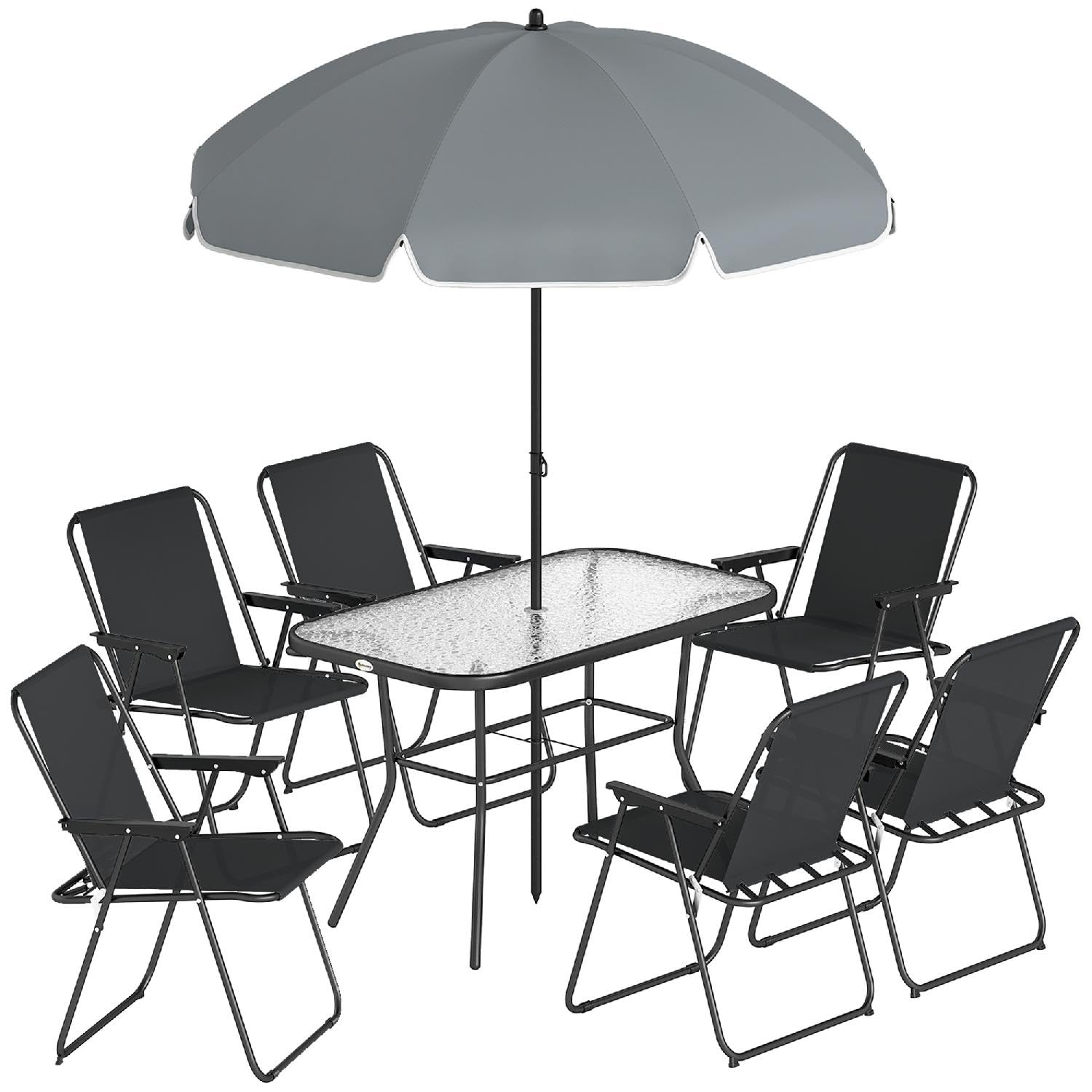 Tavolo e Sedie da Esterno da Giardino, Rettangolare, con Ombrellone, in Acciaio/Vetro Temperato, 119x68x70 cm, Nero