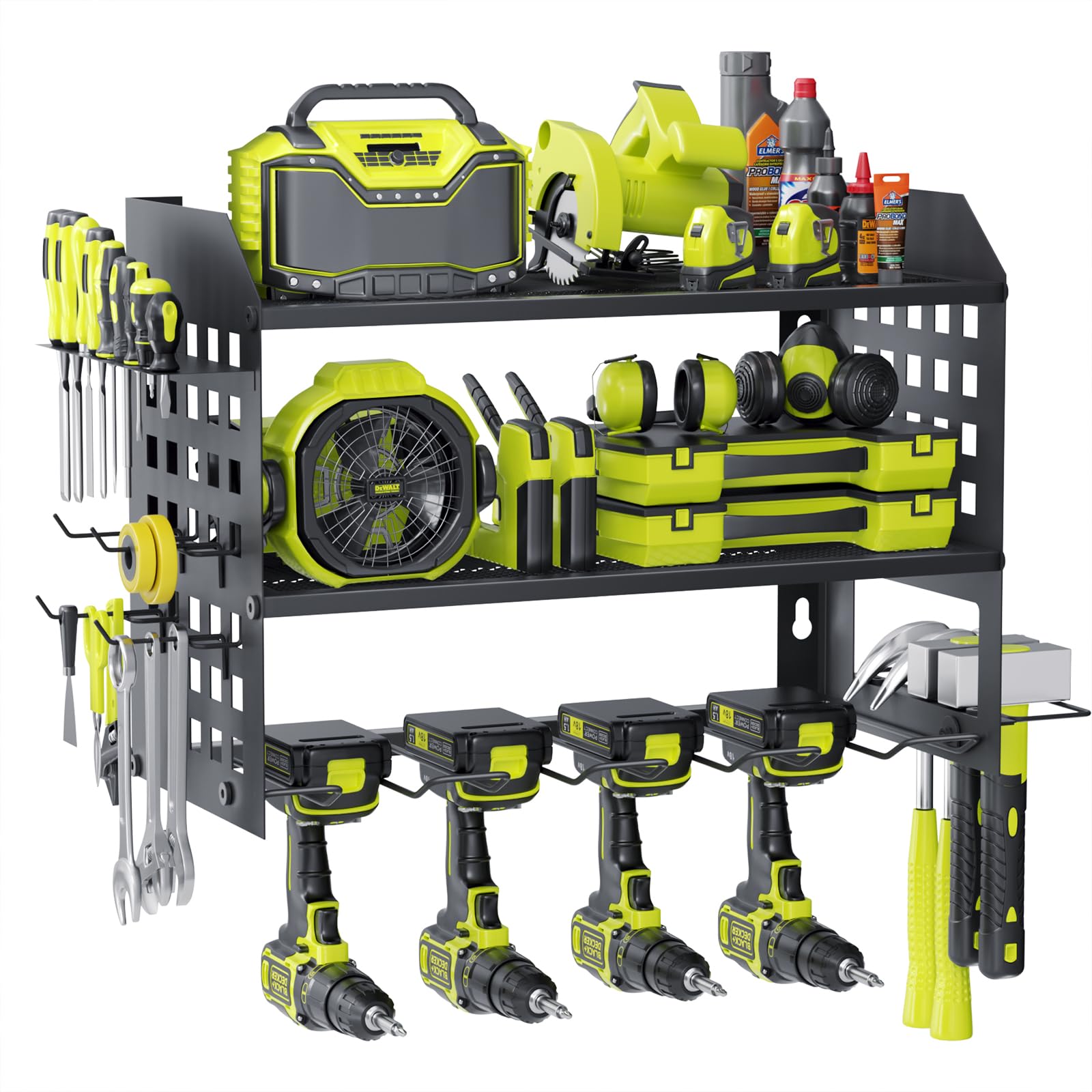 BILIONE Wall Mounted Power Tool Organizer, 3-Tier Heavy Duty Tool Storage Rack with 4 Drill Holders, Alloy Steel Garage Tool Shelving with Hooks for Workshop, Shed, Black