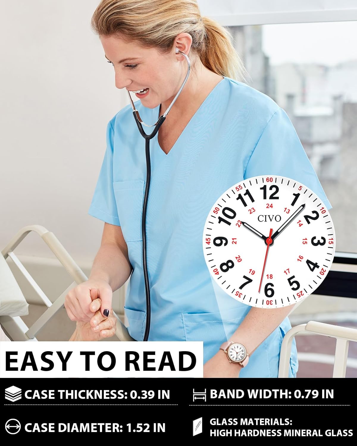 CIVO Nurse Watches for Women Men: Waterproof Wristwatch with Easy-Read Dial - Analog Watch with 12/24 Hour & Second Hand for Ladies Students Doctors Gifts - Image 3