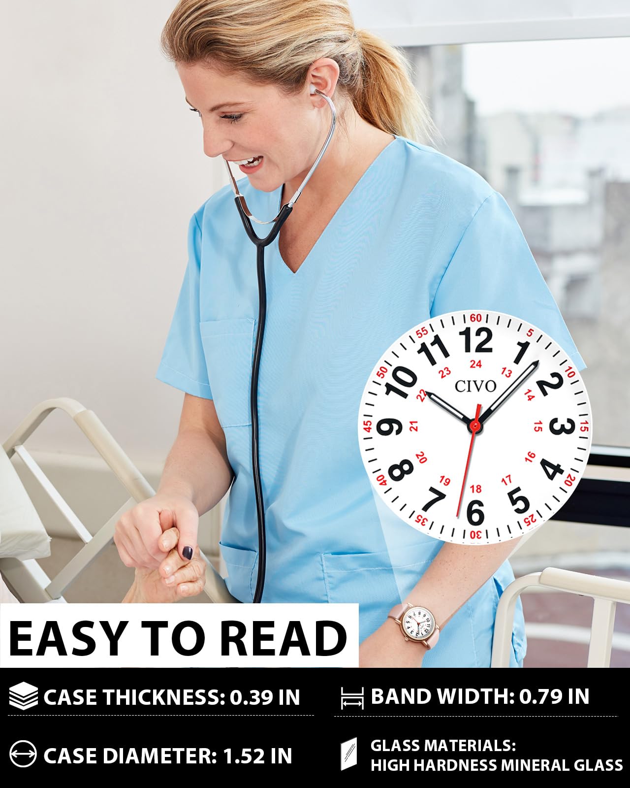 CIVO Nurse Watch for Women Men: Waterproof Nursing Easy Read Dial Wristwatch - Analog Watches Students Ladies 24 Hour with Second Hand for Gift