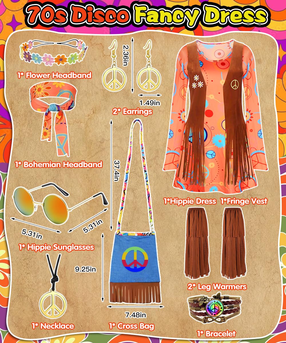 Disfraz Hippies Mujer, Conjunto de Disfraz Hippie Años 70 y Accesorios | Ropa Hippie y Chalecos con Flecos para Cosplay, Halloween, Carnaval y Fiestas de los Años 60 y 70