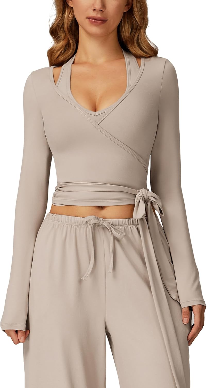 IDOPIP Women’s Wrap Top: Sports Shirt with V-Neck Opaque Wrap Shirt – Long Sleeve Shirt for Fitness Yoga Workout Pilates