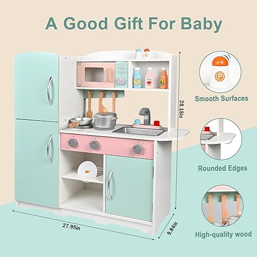 Miniatura 7 de Juego de cocina de juguete de cocina de madera con estufa, horno, fregadero, refrigerador y 11 piezas de accesorios de cocina, juegos de cocina para