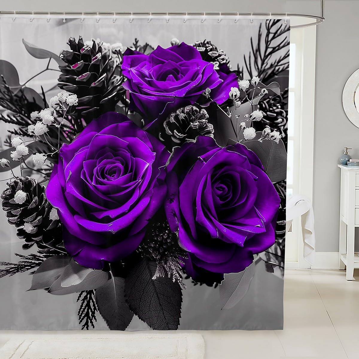 Rose Floral Waterproof Fabric Shower Curtain, Girls Women Purple Rose Shower Curtain, Romantic Botanical Flowers Bathroom Shower Curtain Sets, Famrhouse Style 3D Blossom Bath Curtain 72" Wx78 L
