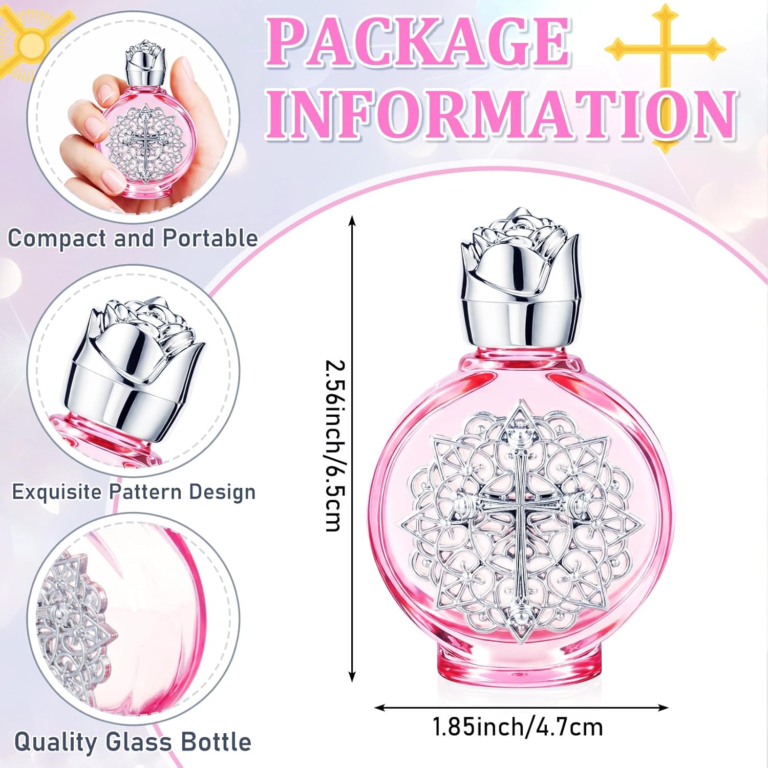 Yungyan 24 Pcs Holy Water Bottles Bulk 15ml Small Glass Holy Water Empty Containers Reusable with Golden Cross Emblem for Catholic Christian Church Wedding Baptism First Communion Gifts (Pink Silver)