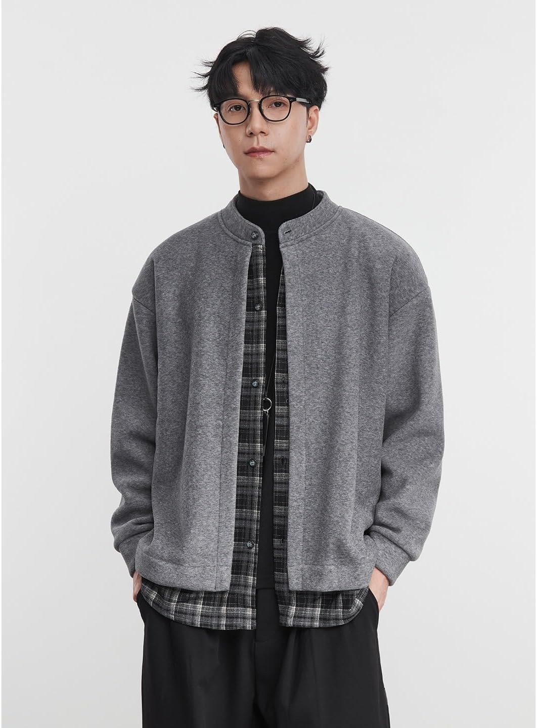 Men's Fleece Lined Plaid Patchwork Cardigan Mock Two-Piece Sweater