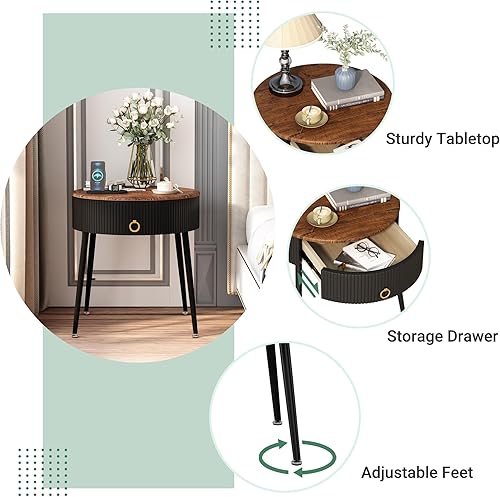 Miniatura 3 de OIOG Juego de 2 mesas auxiliares, mesitas de noche redondas con cajón, modernas mesas auxiliares para espacios pequeños, sala de estar, dormitorio,
