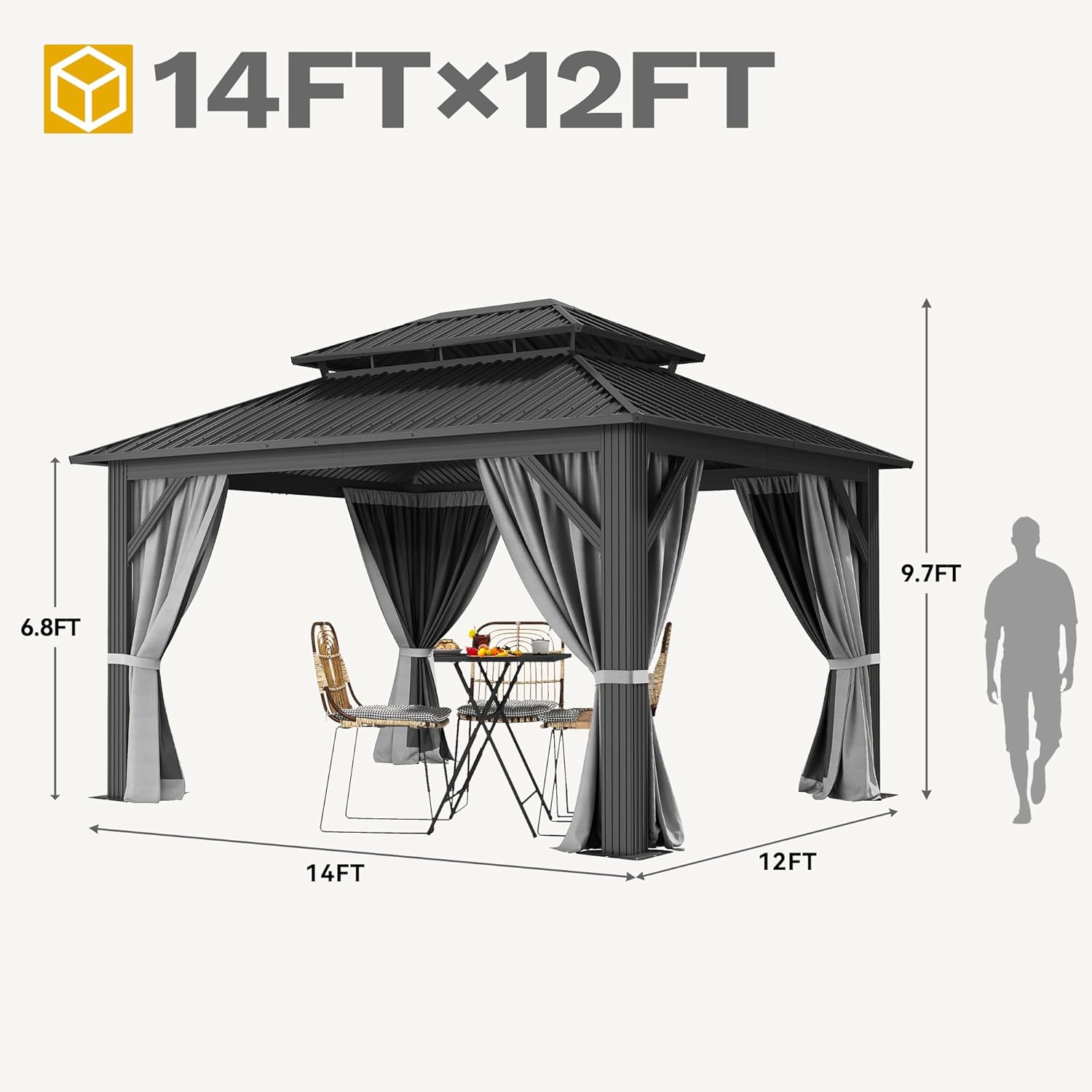 DWVO 12x14ft Hardtop Gazebo Double Roof with Nettings and Curtains, Heavy Duty Galvanized Steel Outdoor Roof for Patio, Backyard, Deck, Lawns, Gray