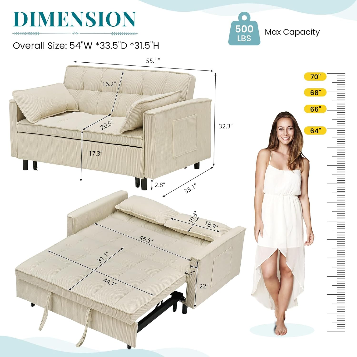 Antetek 3 in 1 Convertible Sleeper Sofa Bed, Modern Corduroy Loveseat Futon Couch w/Pullout Bed, Small Love Seat Lounge Sofa w/Reclining Backrest, Toss Pillows, Furniture for Living Room, Beige