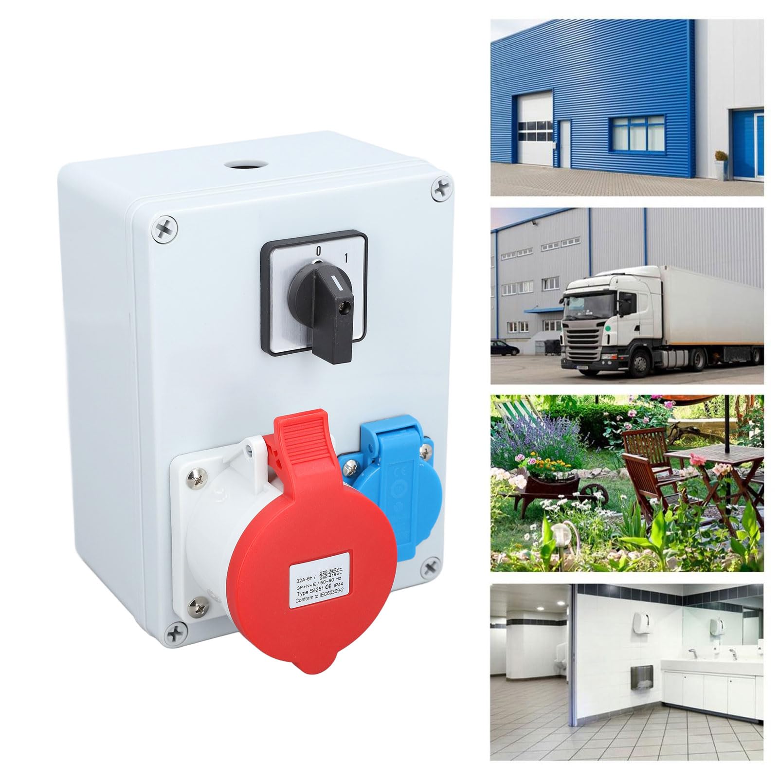 Enchufe de Pared CEE Caja Distribuidora de Energía ABS CEE 5P 32A con Salida EU 16A IP44 Interruptor de Perilla de 2 Niveles a Prueba de Agua para Energía Temporal en Edificios y Uso en