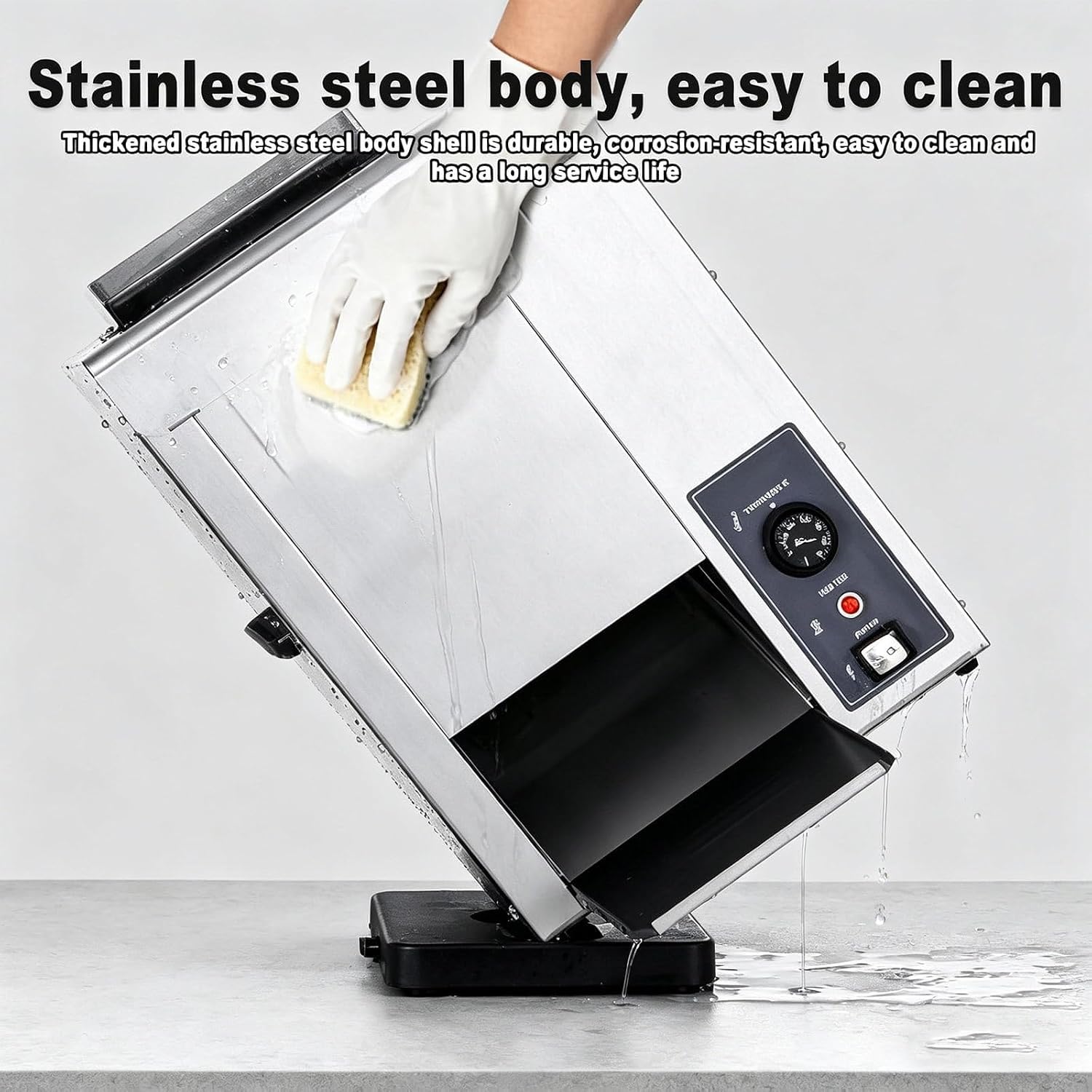 Tostapane a nastro professionale con controllo Pro Temp, riscaldamento uniforme a contatto verticale, spessore regolabile per panini da hamburger.