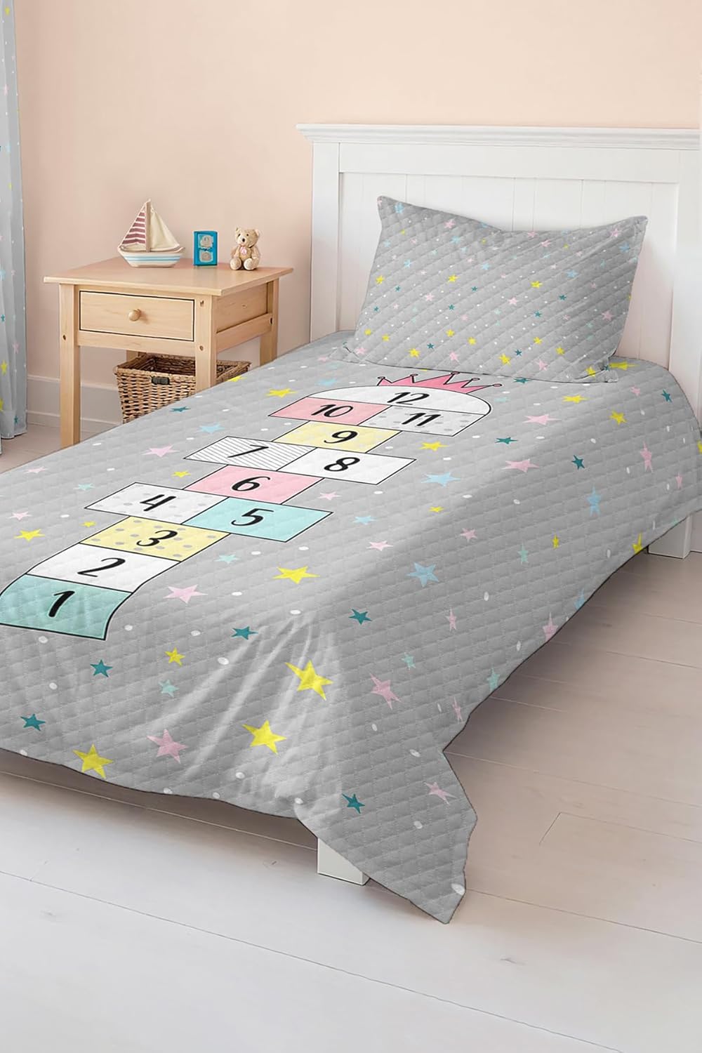SODEF Bedding Set Star Patterned Pastel Colored Kids and Teens Room Quilt Set, Breathable Cotton Polyester Blend, Twin Size, Multicolor, 2 Piece - Multicolor, One Size