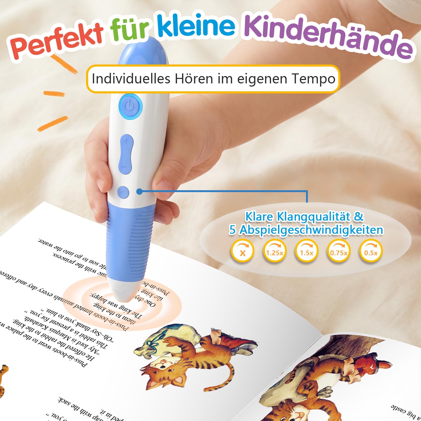 Interaktiver Lernstift mit 10 englischen Geschichtenbüchern, Vorlesestift für Kinder ab 2–5 Jahren, Sprachlernspielzeug, Audio Lernsystem, wiederaufladbar (USB-C)