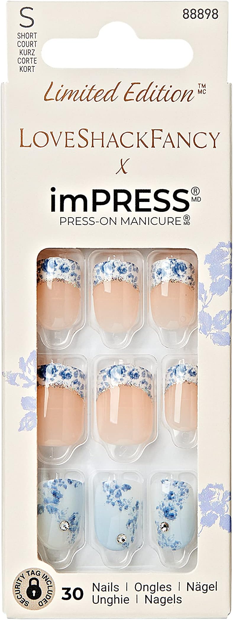 KISS LoveShackFancy x Press-On Manicure Limited Edition, Style "Hydrangea Blue" Short Square Blue Press-On Nails, Includes Prep Pad, Mini Nail File, Cuticle Stick, & 30 Fake Nails