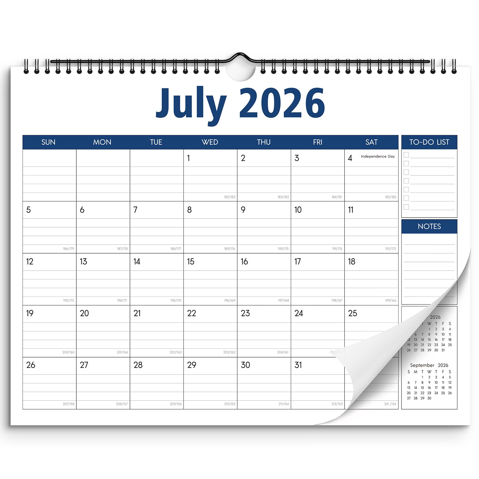 SKYDUE 2026-2027 Wall Calendar (Jul 2026 - Dec 2027), 14.5" x 11.5" Horizontal Calendar with To-Do List & Notes, Numbered Days, Twin-Wire Bound, Includes 2 Planner Sticker Sheets, Blue Navy