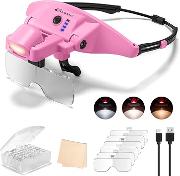 Magnifying Glass with Light 1X-4X, Rechargeable Magnetic Magnifier | Detachable 6 Acrylic Lenses, 3 Light Mode, Adjustable Headband, Magnify Glasses for Close Work Crafts Sewing Manicure Jewelry