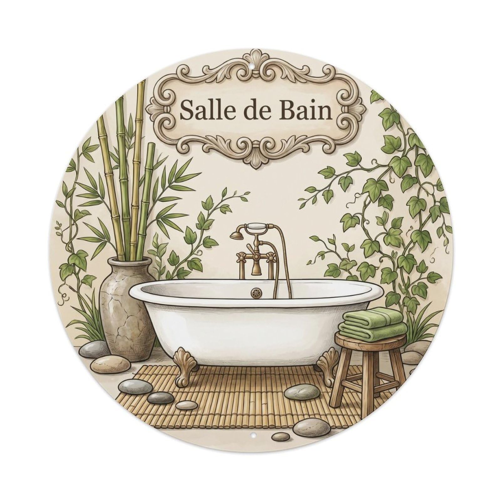 Yrnq Vintage Style Bathroom Bamboo Round Bathroom Decor Vintage Metal Tin Sign Plaque Wall Decor For Cafe, Club, Garden Round Metal Poster 8X8inch