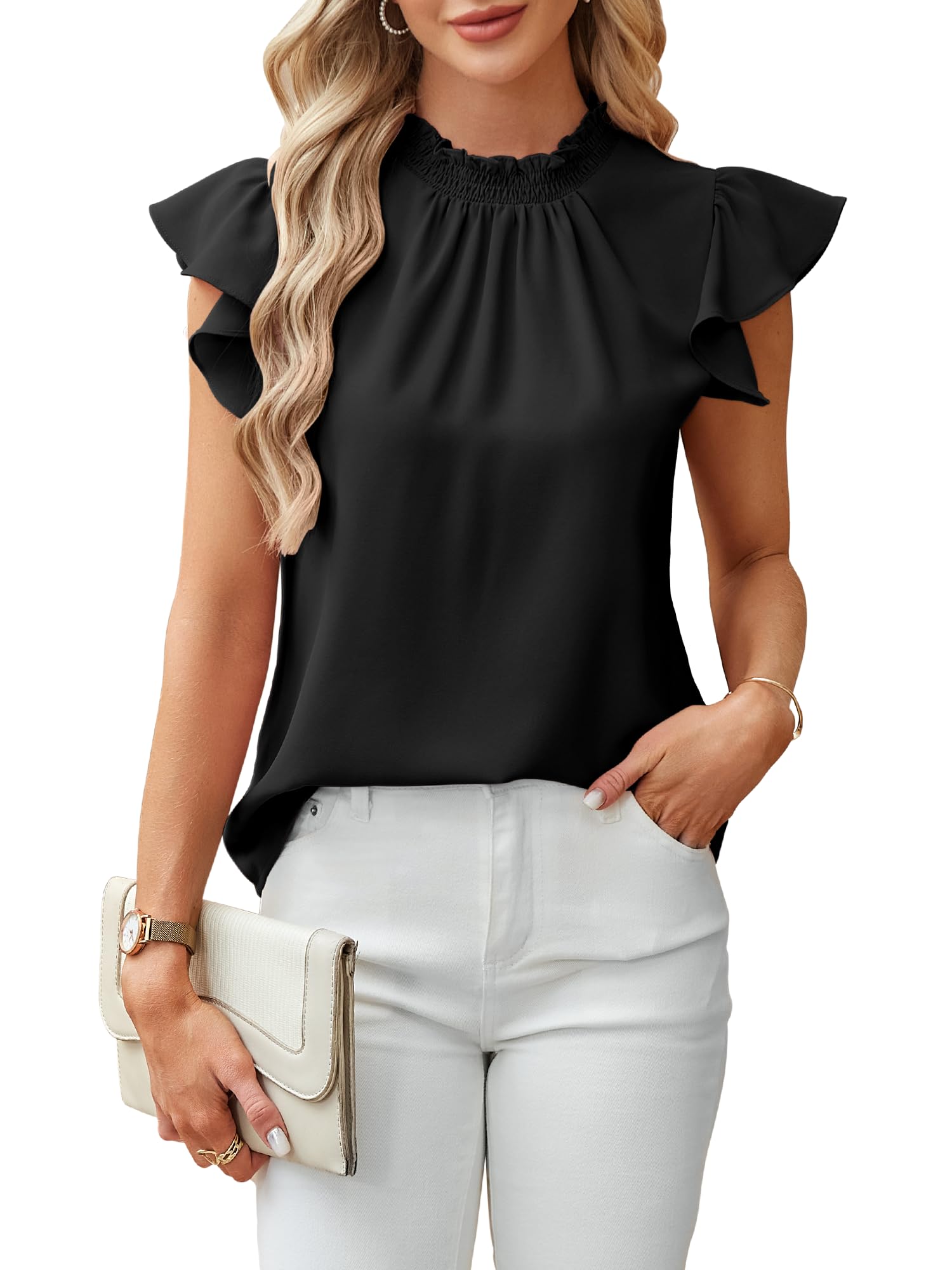Toplop Tshirt Damen Sommer Kurzarm Rüschenärmel Bluse Shirt Elegant Mock Neck Oberteil Tunika Tops