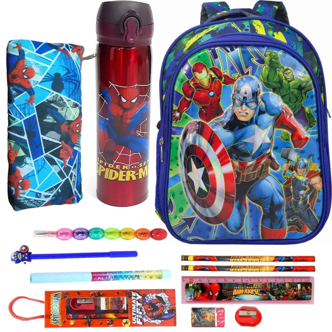 Prezzie Villa 11 pcs Avengers Backpack Set for Boys, Boys and Toddlers - Superheroes School Supplies Kit with Pencil Pouch, Eraser, Sharpener, Ruler, Pens, Water Bottle for Birthday Return Gift (B0D5ZK6SM2) Amazon Price History, Amazon Price Tracker
