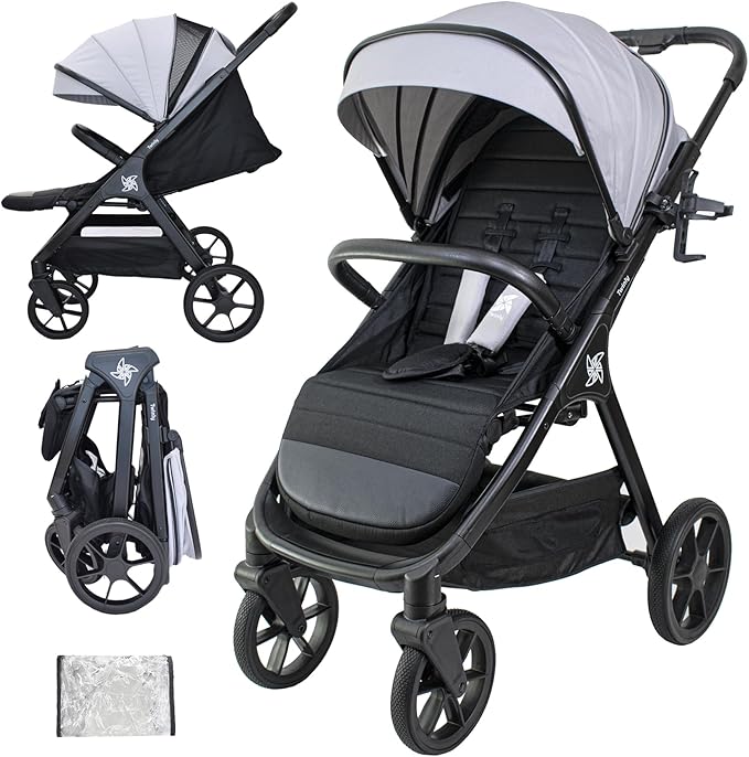 Twinly - Spacely - Passeggino Leggero 25 kg Portata, Passeggino da Viaggio Pieghevole ad una Mano, Seduta Ampia e Confortevole, Ruote Grandi Ammortizzate, Cappottina XXL e Parapioggia (Grigio)