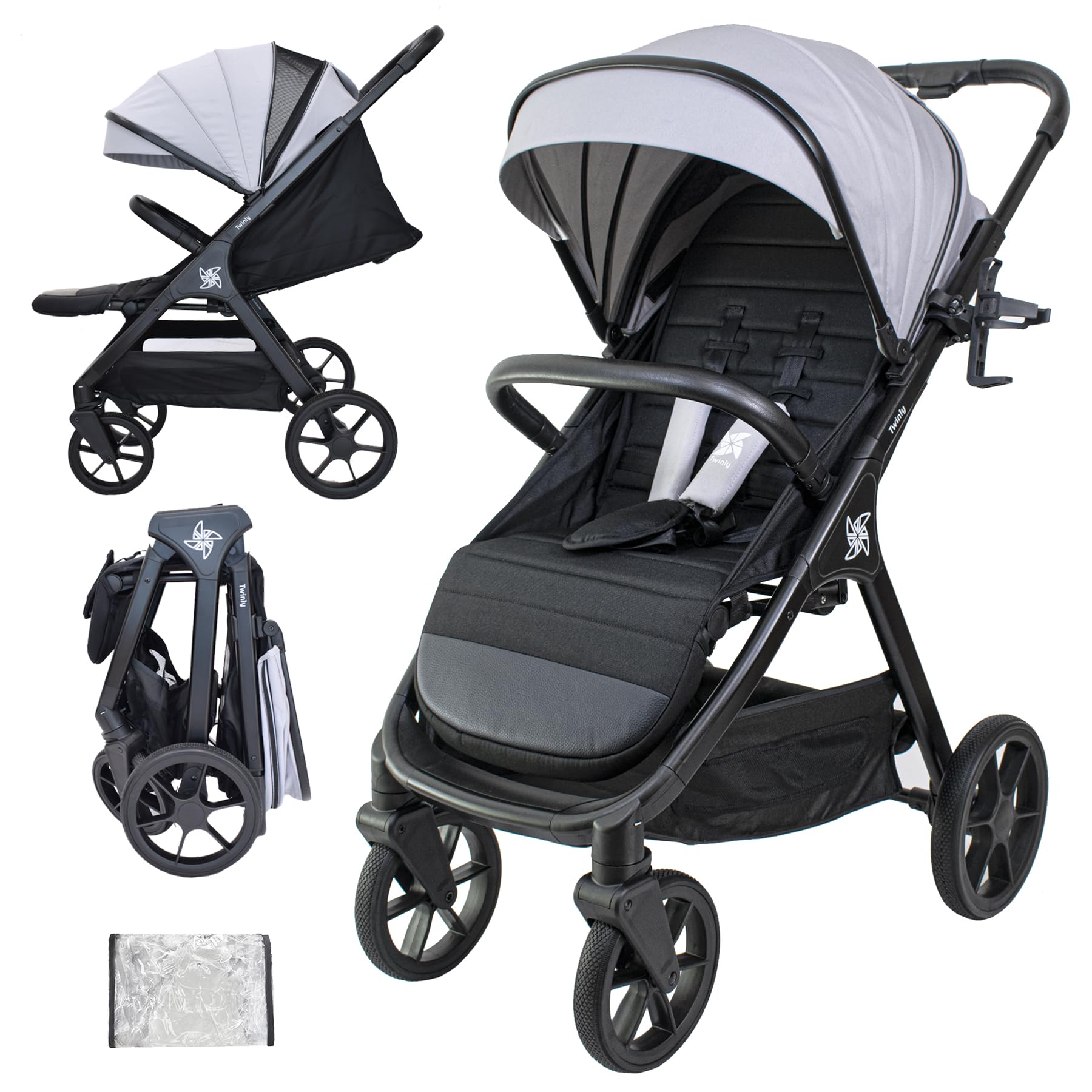 Twinly Spacely Buggy bis 25kg - Leichter Reisebuggy klein zusammenklappbar mit Liegefunktion | Kinderwagen All-Terrain, Große Räder, XXL Verdeck, Sportwagen inkl. Regenverdeck & Becherhalter (grau)